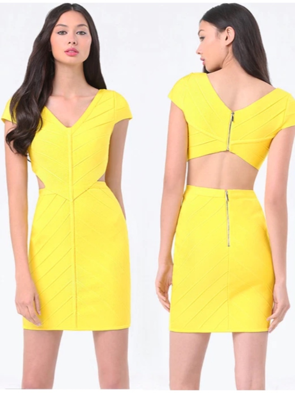 NWT Bebe Yellow V Neck Cutout back Bandage Bodycon Top Dress